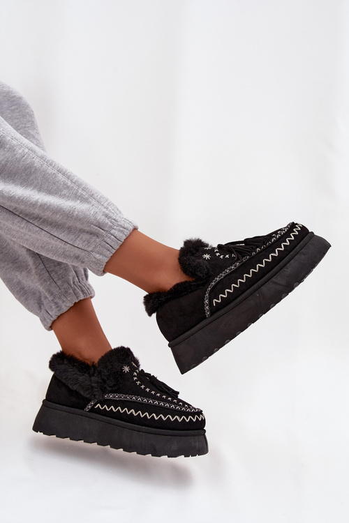 Damskie Śniegowce Na Platformie Z Futerkiem I Frędzlami Czarne Ferayne