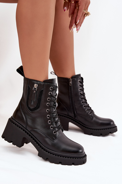 Leather Women's Block Heel Boots Insulated Vinceza 86418 Black