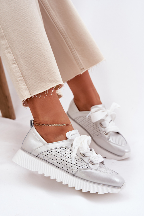 Women's Leather Sneakers On A Platform D&A LR51-796 Silver