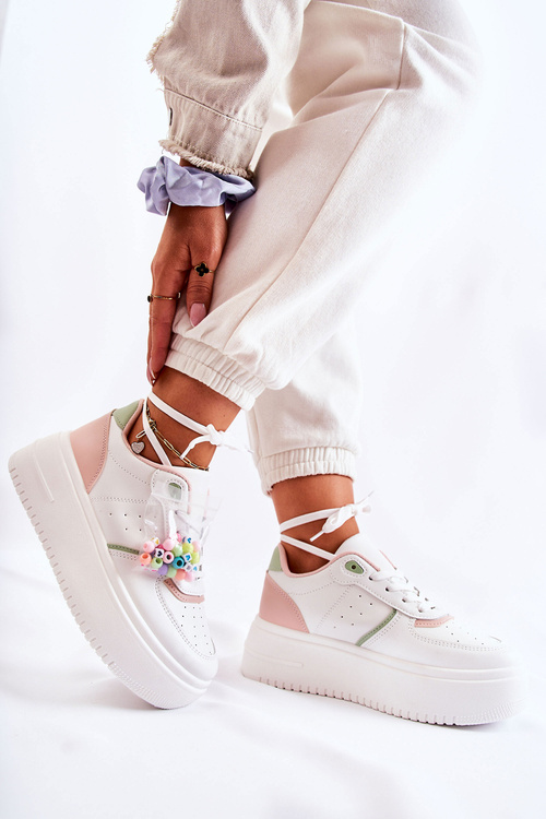 Buty Sportowe Sneakersy Damskie Wiązane Biało-Różowe Manila
