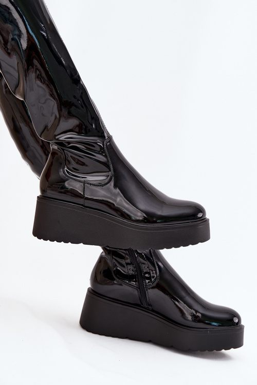 Lacquered Knee High Boots On Platform With Delicate Wedge Black Tavina