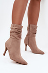 Women's Heeled Ankle Boots With Wrinkled Shaft Eco Suede Zip Beige Ulisse