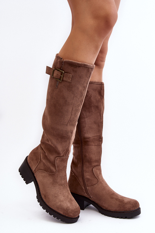 Women's Suede Boots on a Flat Heel Beige Saranai