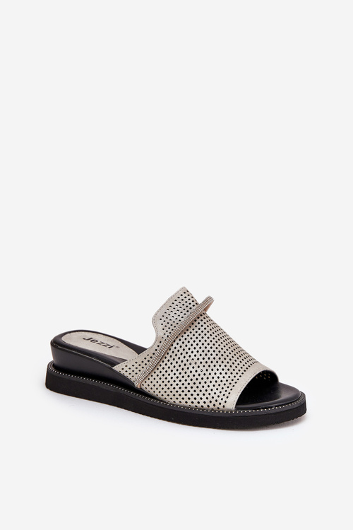 Damskie Klapki Eko Skórzane Z Ozdobnym Błyszczącym Paskiem Na Koturnie Srebrne Teriwes