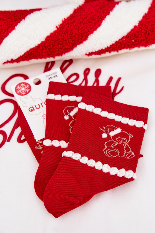 Women's Christmas Socks Bear in Santa Hat Red