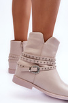 Women's Decorated Leather Boots on Flat Heel Beige Adkrana