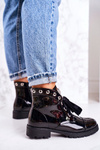 Insulated Boots With Metal Pearls And Ribbon Patent Black Perla