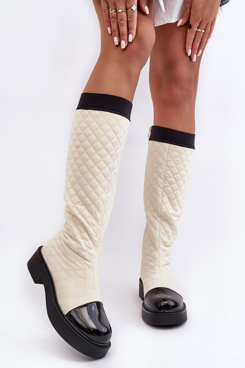 Quilted Knee-High Boots On Flat Heel Beige Amalfri