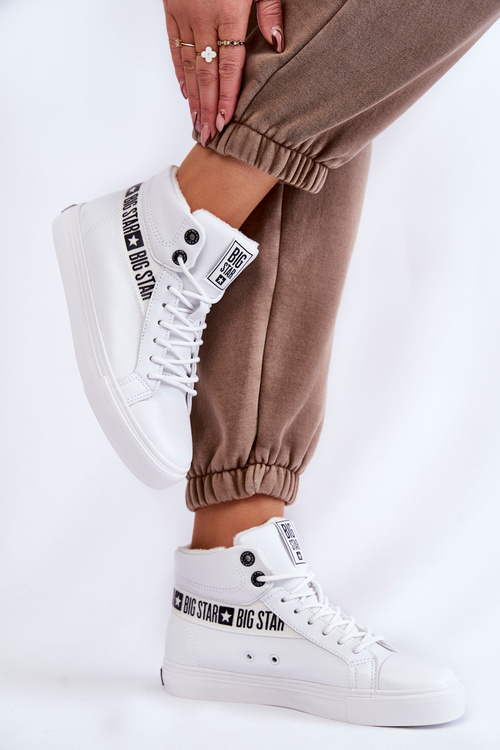 Damskie Wysokie Ocieplane Skórzane Trampki Big Star EE274356 Białe