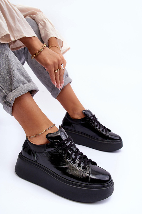 Buty Sportowe Lakierowane Skóra Platforma Czarne Lemar 10150