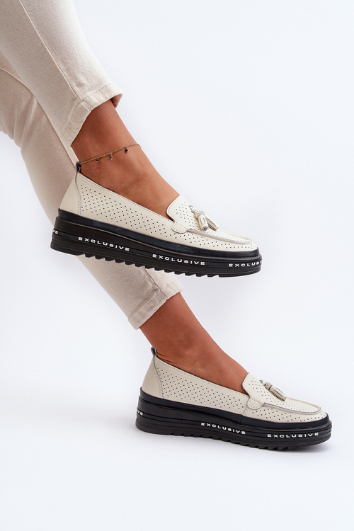 Women's Leather Platform Moccasins Beige Assetnima