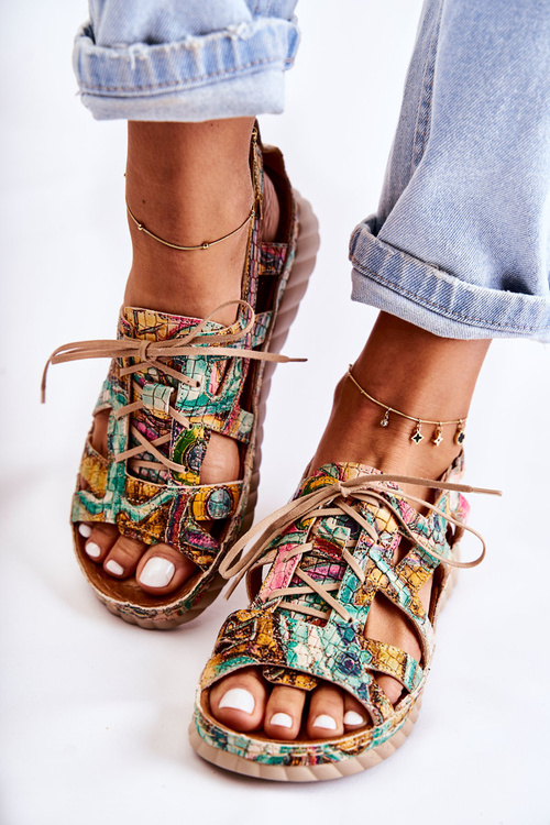 Women's Leather Sandals With Velcro 05375-09 Green