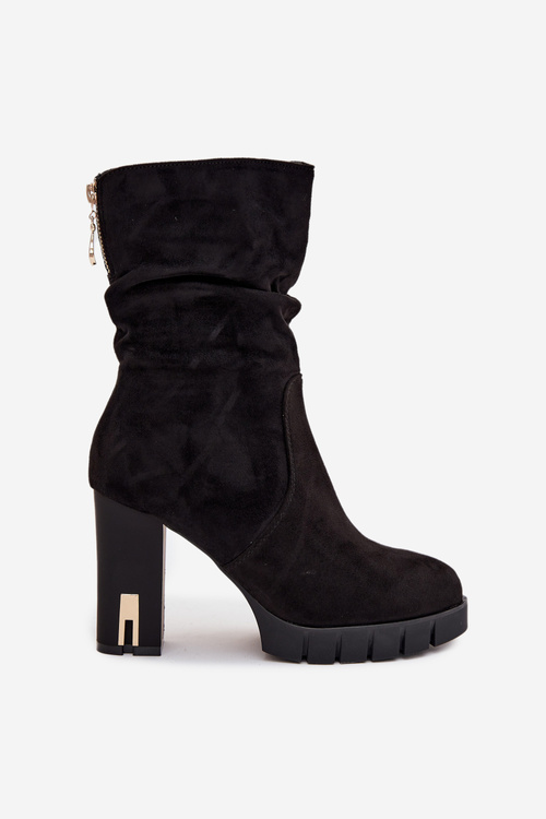 Damskie Ocieplane Botki Obcas Słupek Marszczenie Złoty Zamek Czarne Briannae