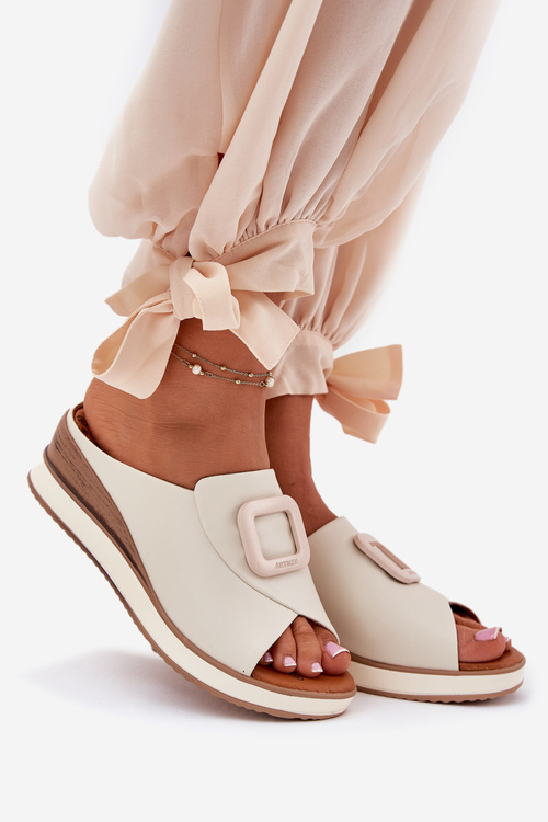 Klapki Damskie Skóra Naturalna Koturn Jasnobeżowe Artiker 56C2145