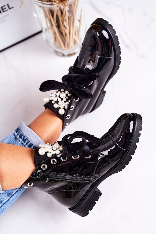 Insulated Boots With Pearls And Ribbon Patent Black Perla