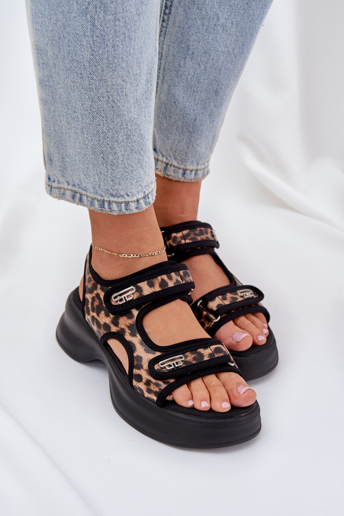 Sandały Damskie Lekkie Eko Skórzane Na Platformie Panterka Brązowe Deniffia