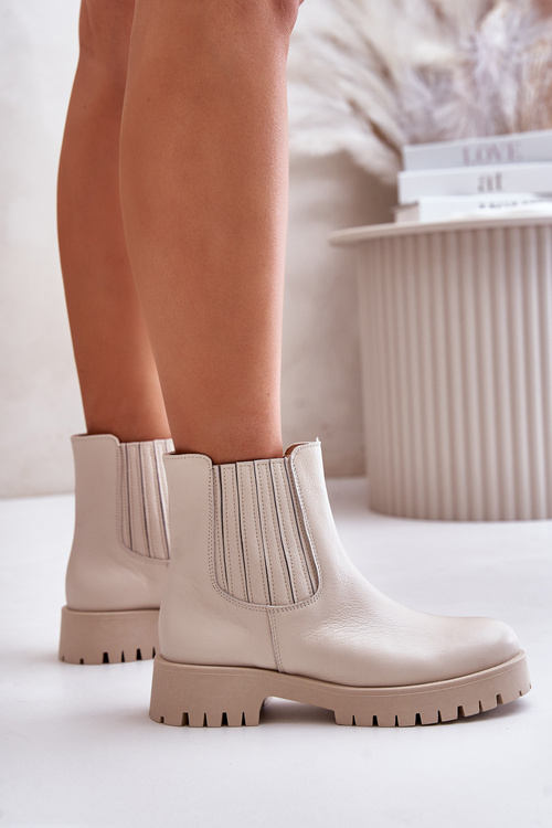 Botki Damskie Wsuwane Płaski Obcas Skóra Jasnobeżowe Lewski 3611