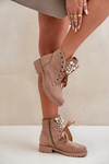 Suede Warm Ankle Boots With Pearls And Ribbon Beige Perla