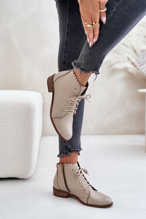Leather Ankle Boots With Flat Heel Beige Zazoo 2964