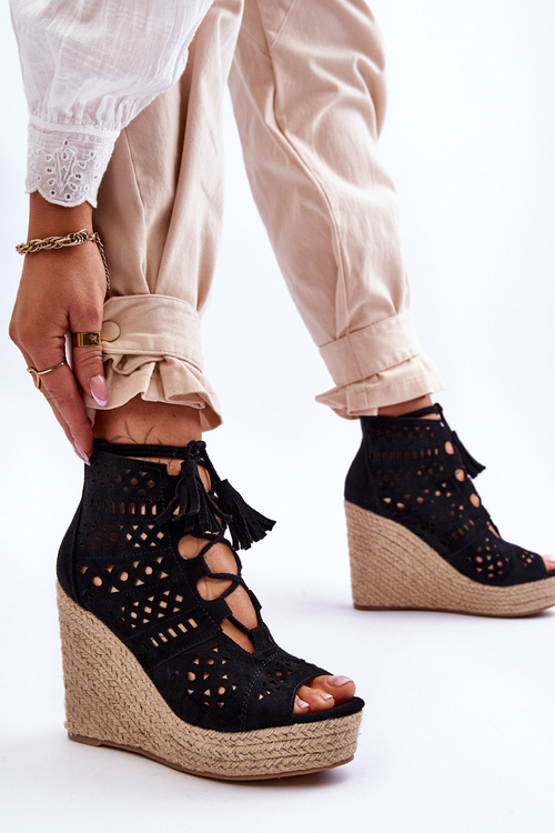 Suede Openwork Wedge Boots Black Berthe