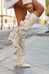 Women's High Heel Boots with Turned-up Shaft and Golden Buckles Light Beige Isavelle