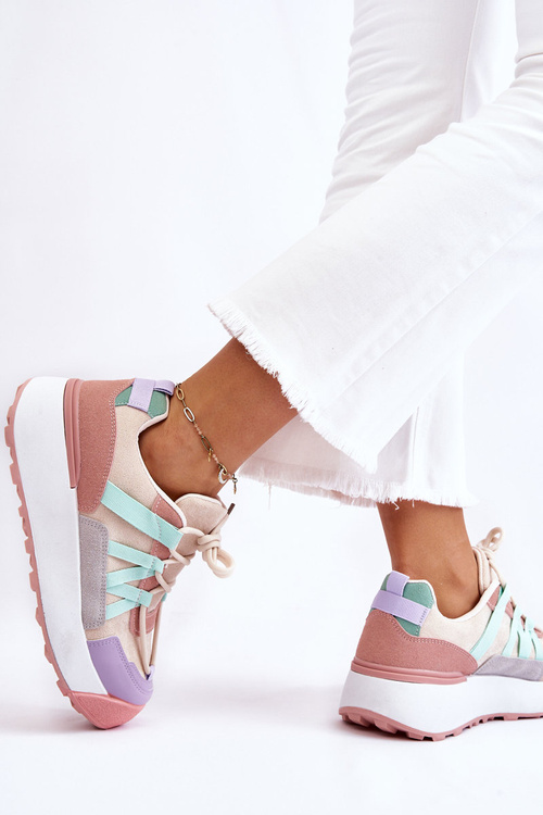 Buty Sportowe Damskie Zamsz Platforma Beżowo-Różowe Rohan