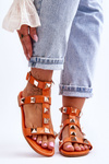 Women's Leather Sandals With Large Studs Orange Mishigan