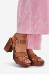 Ladies Sandals On Heel With Golden Decoration Camel Nusorilis