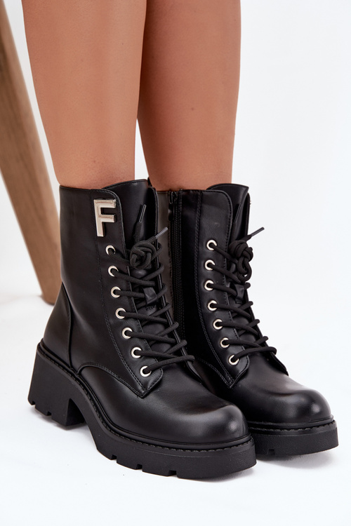 Women's Workery Boots Block Heel Insulated With Letter F Black Lurina