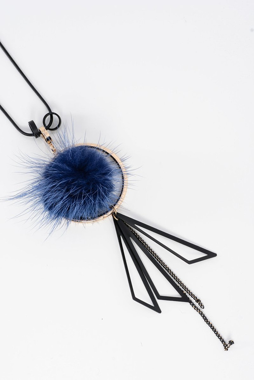 Naszyjnik Damski Z Pomponem Długi Łańcuszek Granatowy Choker