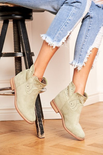 Women's Flat Heeled Boots Suede Openwork Green Raffe