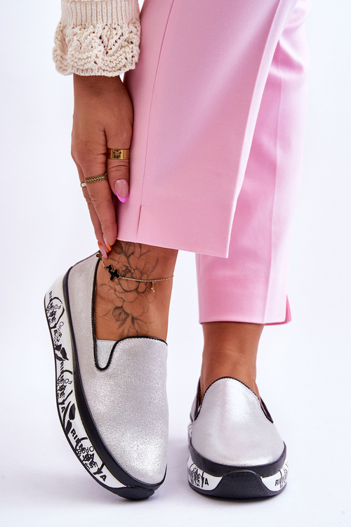 Tenisówki Damskie Skóra Slip-On Srebrne Ottavia