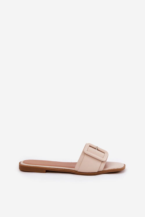 Eko Skórzane Klapki Damskie Płaskie Z Klamrą Beżowe Bamma