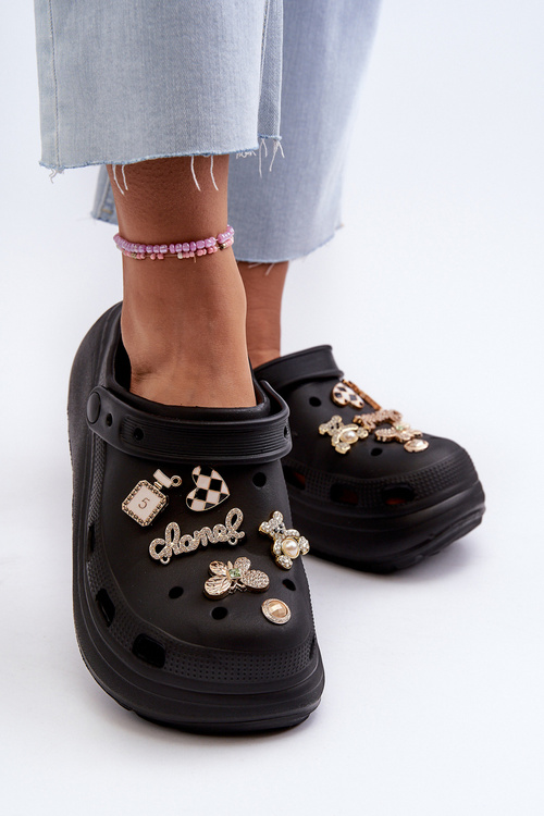 Women's Lightweight Foam Slides with Thick Sole and Charms Black Effiora