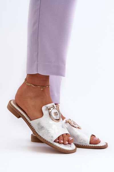 Klapki Eleganckie Błyszczące Z Ozdobą Damskie Srebrne S.Barski KV27-032