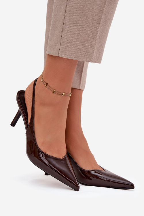 Damskie Czółenka Lakierowane Na Szpilce Czekoladowe Phelia