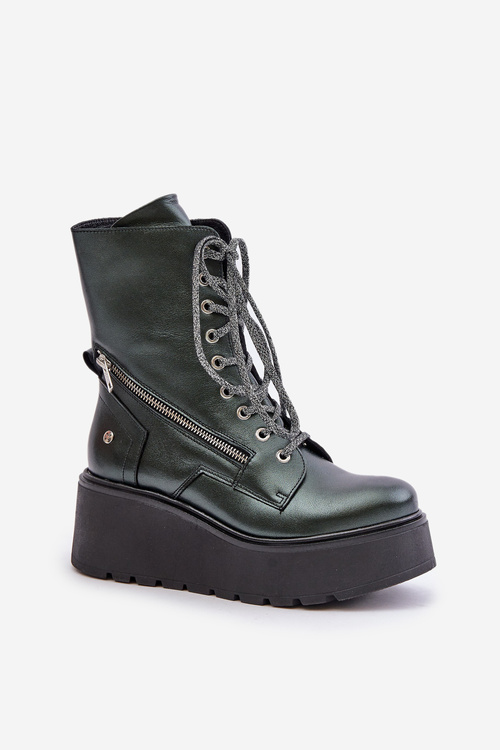 Leather Ankle Boots Workers On Platform And Wedge Maciejka 06676-09 Green