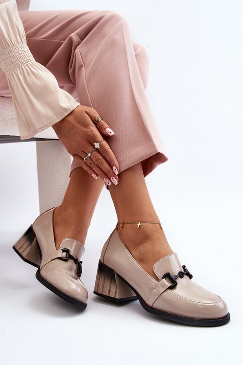 Półbuty Lakierowane Obcas Beżowe Nireva 58309