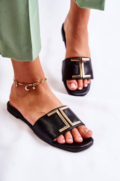 Women's Classic Leather Slippers With Ornament Black Maren