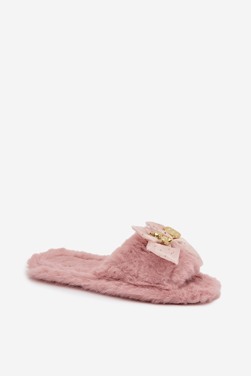 Furry Women's Slippers with Bow and Gold Decoration Pink Nolara