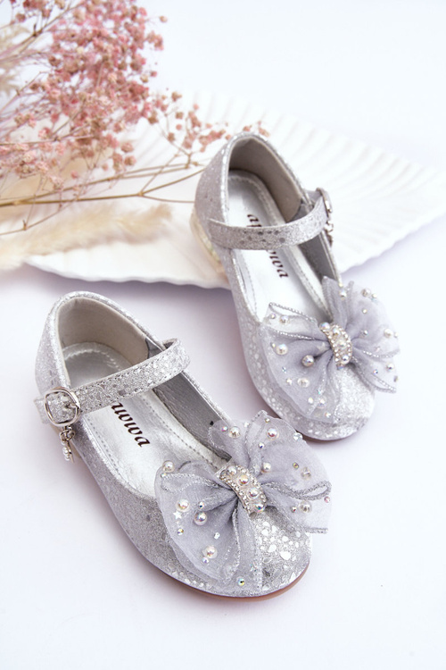 Children's Ballerinas With Velcro Bow Silver-Grey Nicola