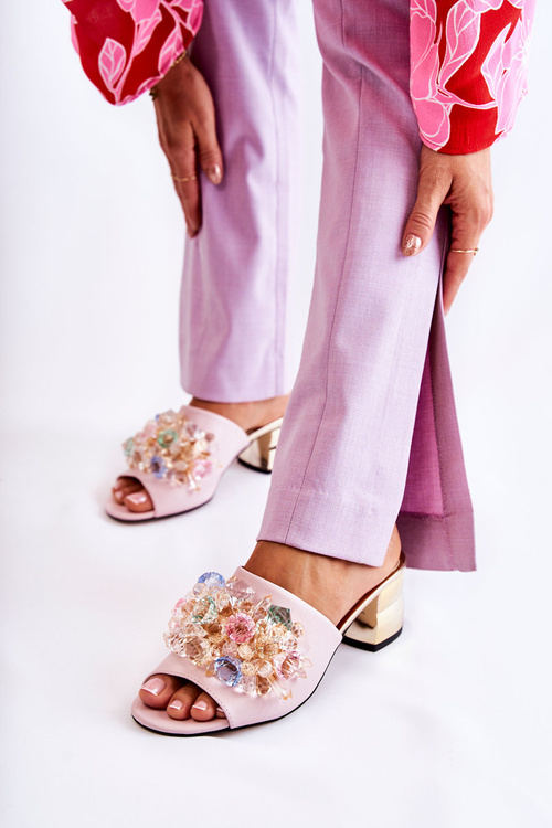 Leather Women's Slippers On High Heels With Decoration Pink Calinda