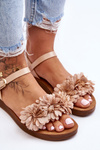 Women's Sandals With Textile Flowers Beige Fiori