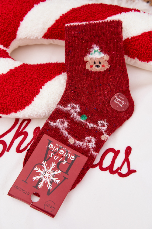 Dziecięce Skarpetki Świąteczne Wełniane Z Misiem Czerwone