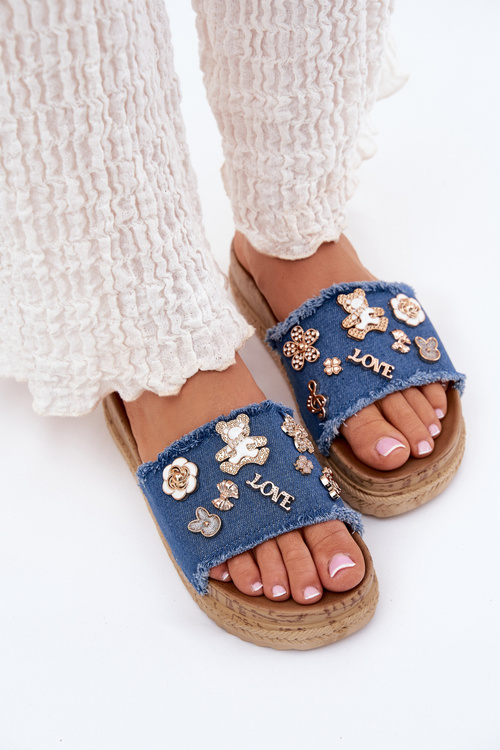 Ladies Slippers With Golden Accents On Platform Navy Rigasta