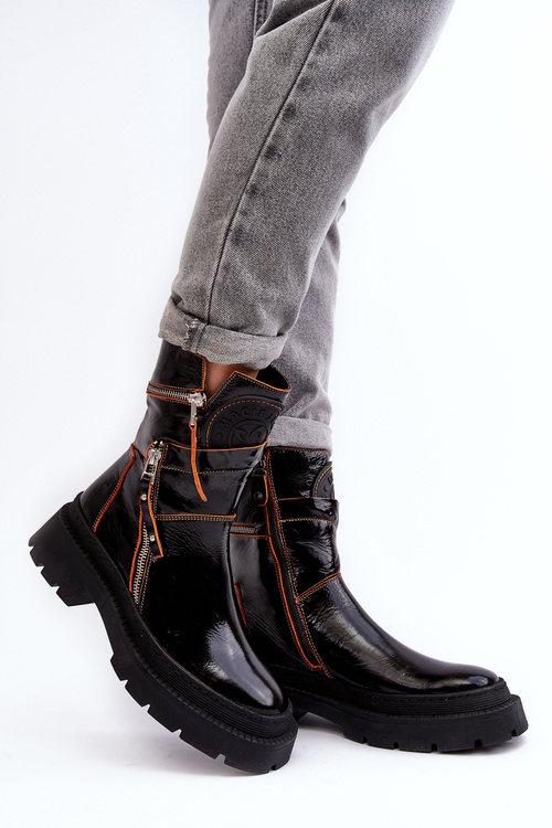 Women's Glossy Leather Boots With Zippers Maciejka 06238-18 Black