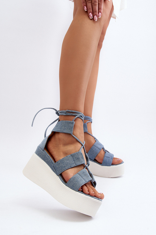 Women's Denim Sandals with Laces Blue Helavi