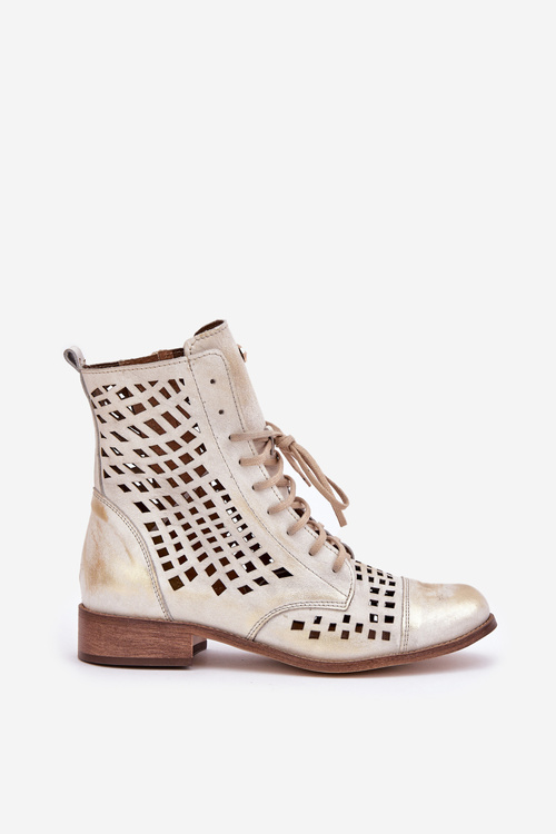 Zazoo 2627 Ażurowe Skórzane Botki Złoty Przecierany