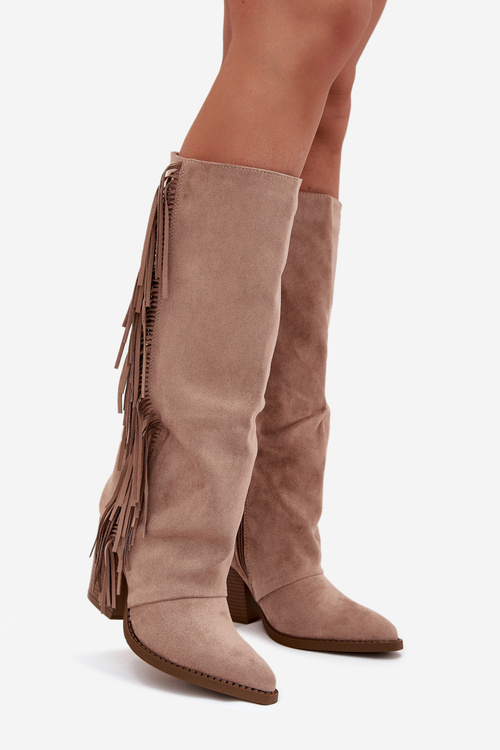 Women's Cowboy Boots With Fringes On A Heel Beige Tivara