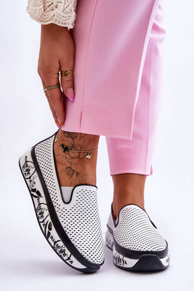 Tenisówki Damskie Ażur Skóra Slip-On Białe Sorito